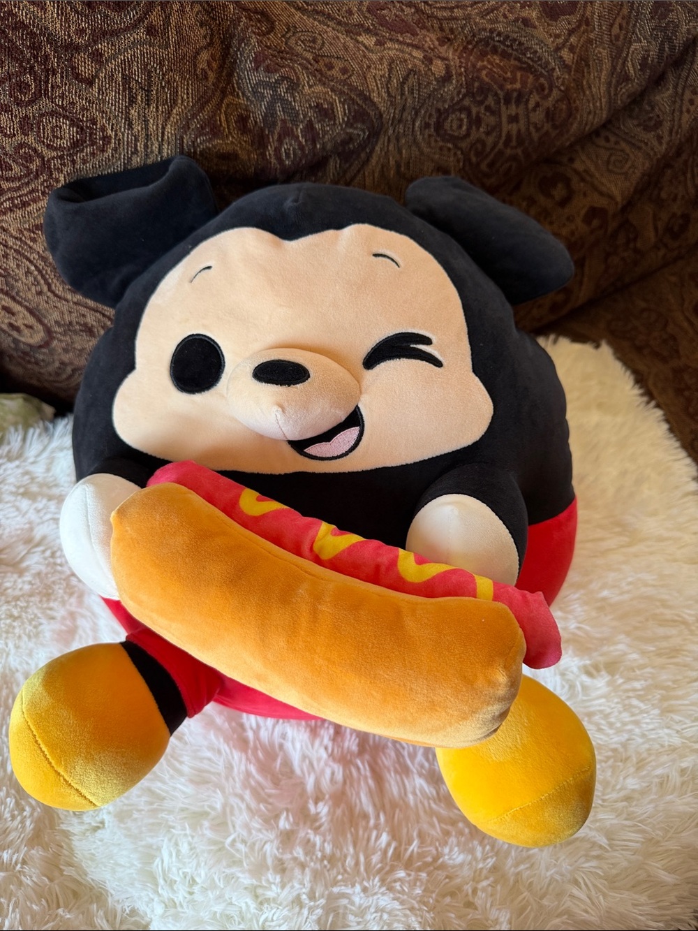 Disney Black, Red & Yellow Winking Mickey Plush with Hot Dog